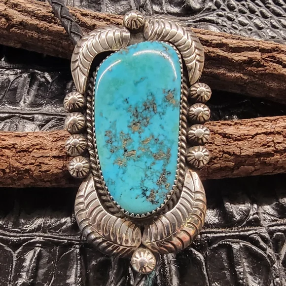 J. Roybal Silver and Turquoise Bolo Tie - Picture 2 of 6